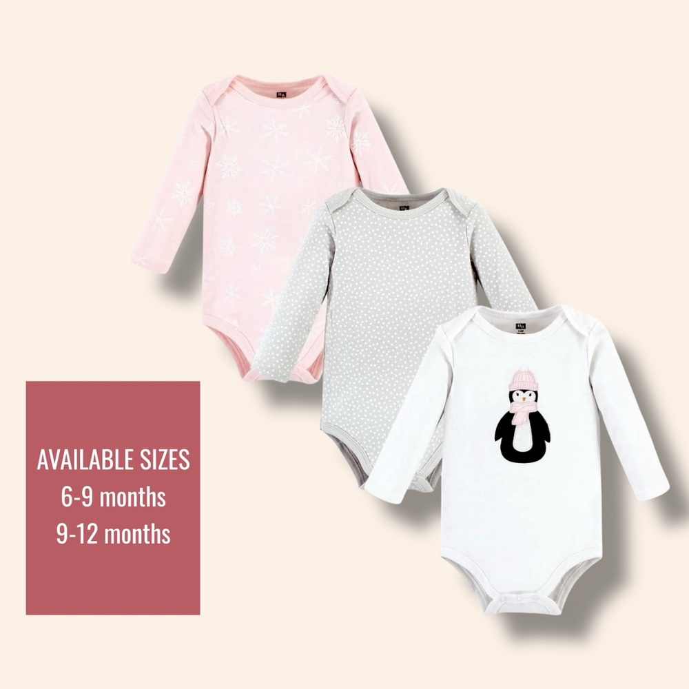 3-Pack Baby Long Sleeve Bodysuits – Penguin, Polka Dot & Snowflake Prints